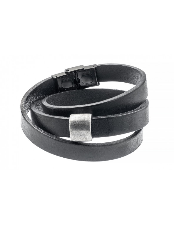 Black leather bracelet with matte steel accent and adjustable watch-style clasp