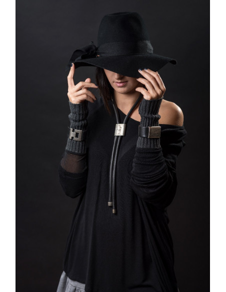 Adjustable black leather necklace with matte stainless steel slider