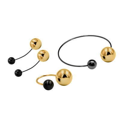 Stainless steel jewelry set – ring, bracelet, and earrings with black and gold polished spheres