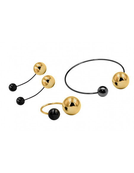 Stainless steel jewelry set – ring, bracelet, and earrings with black and gold polished spheres