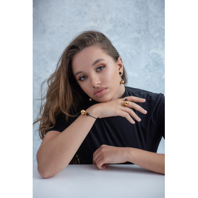 Stainless steel jewelry set – ring, bracelet, and earrings with black and gold polished spheres 2