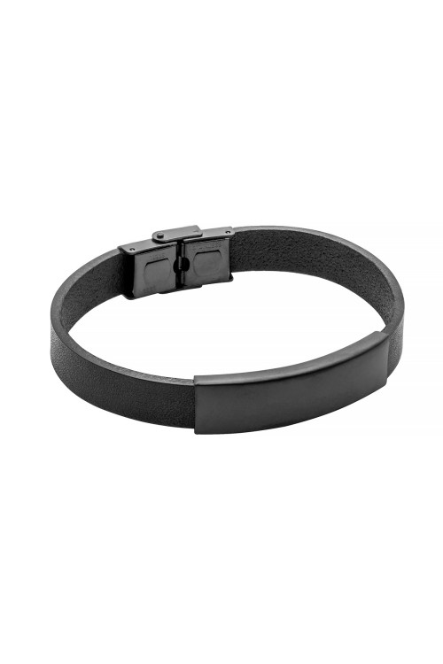 Men's black leather bracelet with matte steel plate and watch-style clasp.