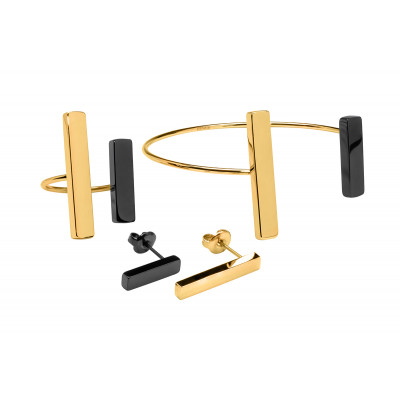 Delicate stainless steel jewelry set in black and gold – ring, bracelet, and earrings in a polished finish