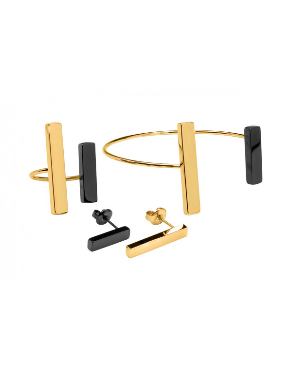 Delicate stainless steel jewelry set in black and gold – ring, bracelet, and earrings in a polished finish
