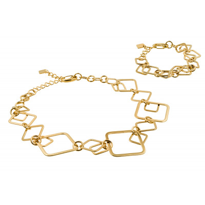 Gold-plated 3D stainless steel jewelry set with movable geometric elements – necklace and bracelet