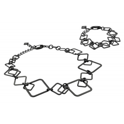 Black matte 3D stainless steel jewelry set – necklace and bracelet with lobster clasp.