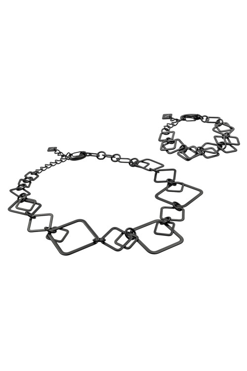 Black matte 3D stainless steel jewelry set – necklace and bracelet with lobster clasp.