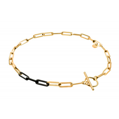 Short gold-plated stainless steel necklace with large links in gold and matte black tones.