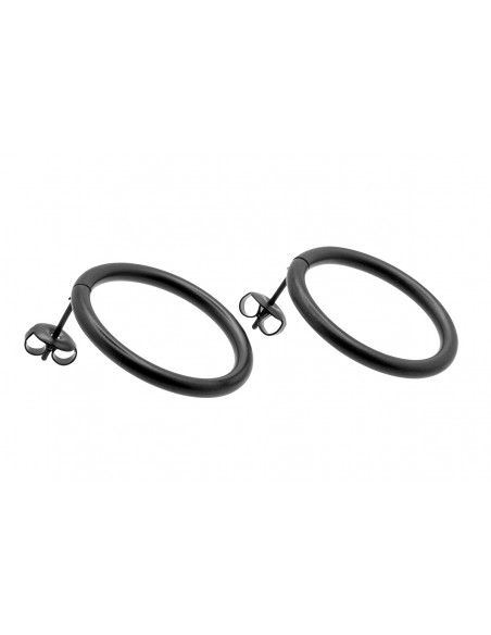 Black matte stainless steel hoop earrings with a stud clasp.