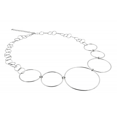 Long Circle stainless steel necklace in silver with multi-sized circular elements.