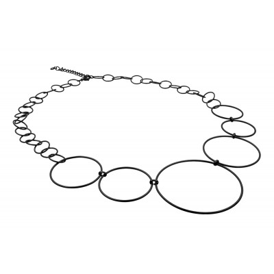 Black matte long Circle stainless steel necklace with multi-sized circular elements.