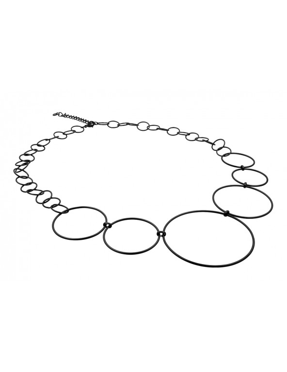 Black matte long Circle stainless steel necklace with multi-sized circular elements.