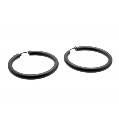 Large black matte stainless steel hoop earrings with a timeless and elegant design.