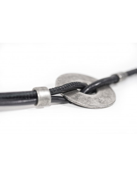 Adjustable black leather necklace with matte stainless steel circular pendant