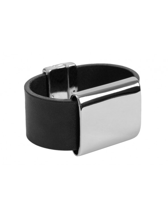 Men’s wide black leather and stainless steel bracelet with a polished finish and magnetic clasp.