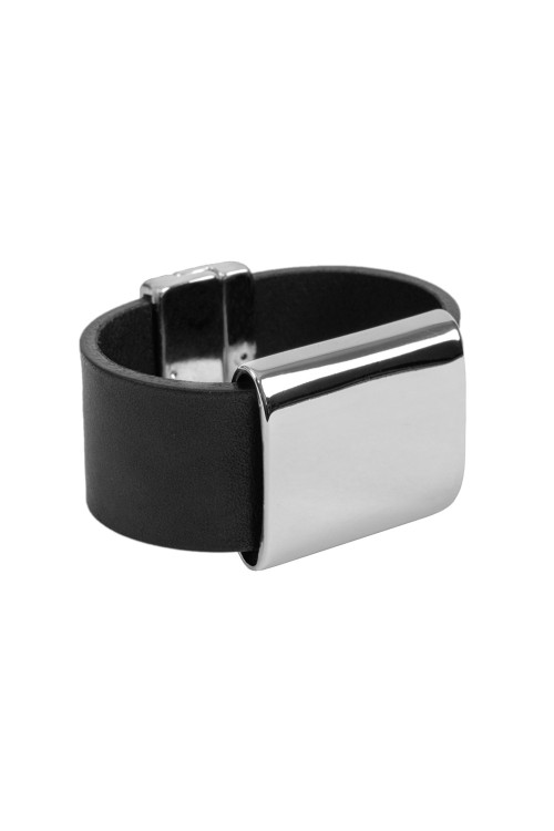 Men’s wide black leather and stainless steel bracelet with a polished finish and magnetic clasp.