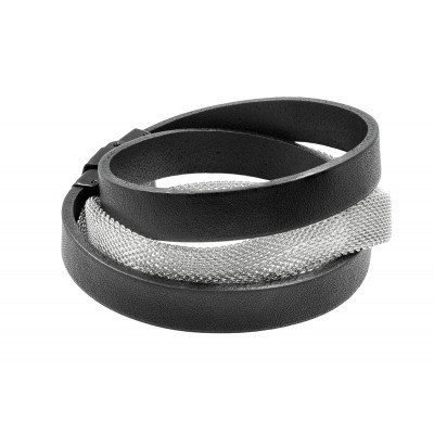 Men’s double wrap bracelet made of black leather and stainless steel mesh with a watch-style clasp. 2
