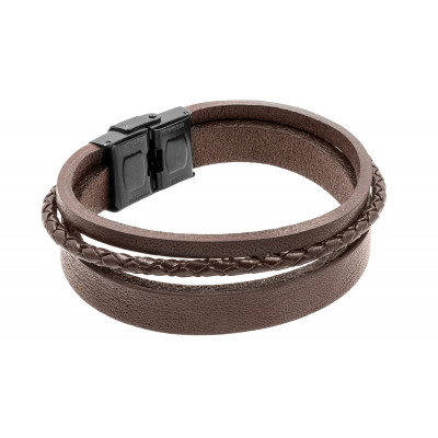 Men’s brown leather bracelet with a watch-style clasp available in steel, black, or gold.