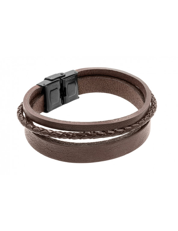 Men’s brown leather bracelet with a watch-style clasp available in steel, black, or gold.