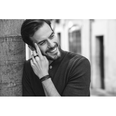 Men’s brown leather bracelet with a watch-style clasp available in steel, black, or gold. 2