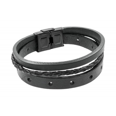 Men’s genuine black leather bracelet with a black watch-style clasp.