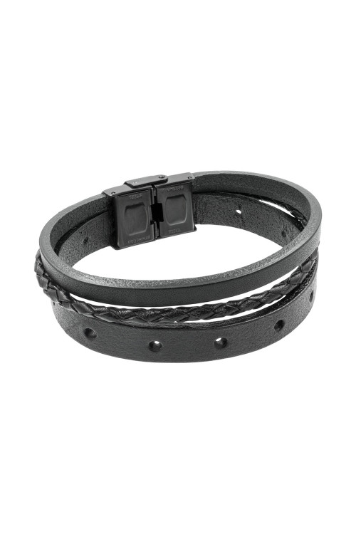 Men’s genuine black leather bracelet with a black watch-style clasp.