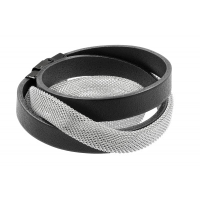 Double-wrapped bracelet made of black leather and steel mesh with a watch clasp