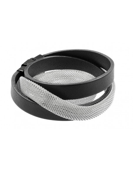 Double-wrapped bracelet made of black leather and steel mesh with a watch clasp