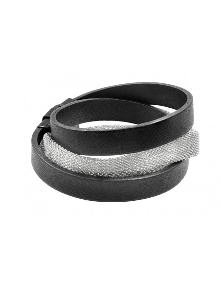 Double-wrapped bracelet made of black leather and steel mesh with a watch clasp