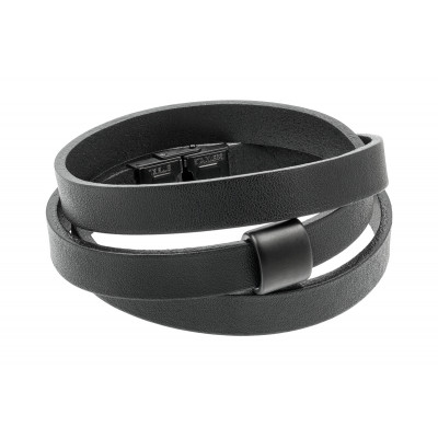 Black leather bracelet with matte black stainless steel accent