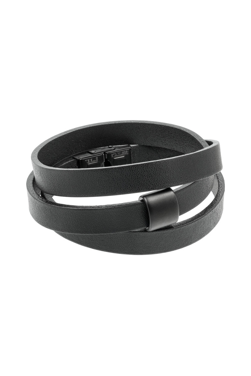 Black leather bracelet with matte black stainless steel accent