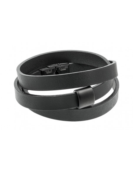 Black leather bracelet with matte black stainless steel accent