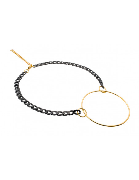 Black and gold stainless steel Circle necklace with adjustable curb chain.
