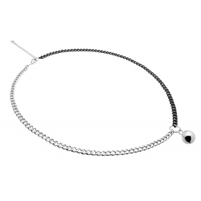 Long adjustable stainless steel necklace with a 15 mm ball in silver and matte black tones.