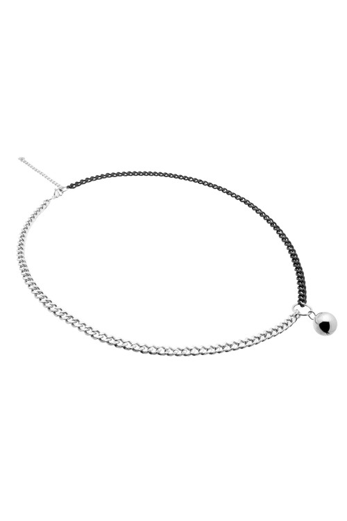 Long adjustable stainless steel necklace with a 15 mm ball in silver and matte black tones.
