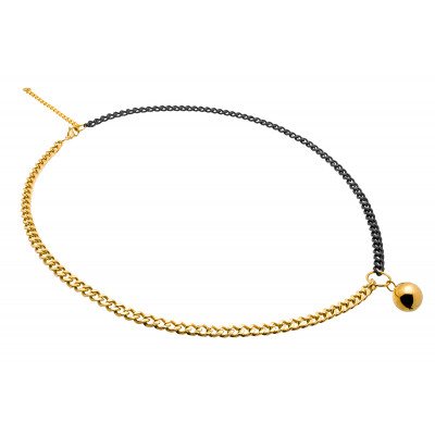 Long adjustable gold-plated stainless steel necklace with ball pendant in gold and matte black tones.