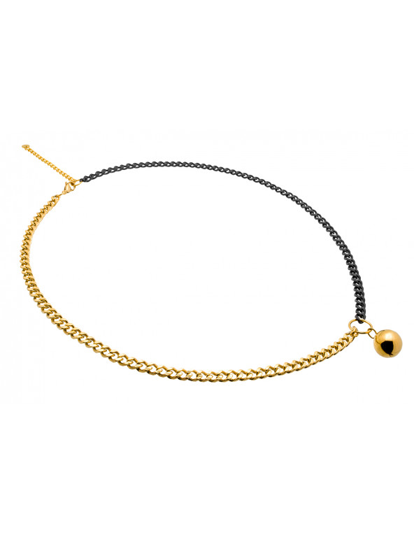 Long adjustable gold-plated stainless steel necklace with ball pendant in gold and matte black tones.