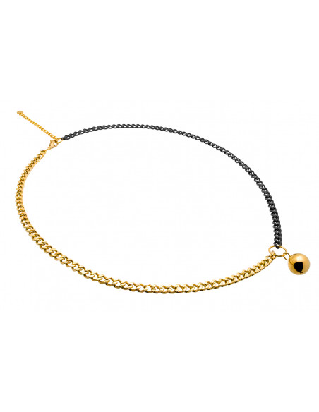 Long adjustable gold-plated stainless steel necklace with ball pendant in gold and matte black tones.