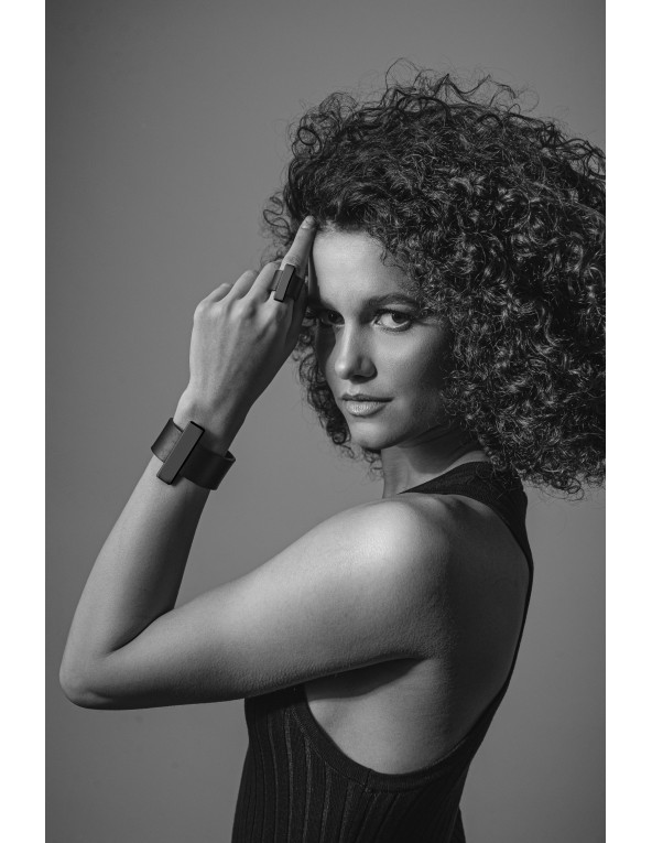 Black leather bracelet with matte stainless steel, handcrafted