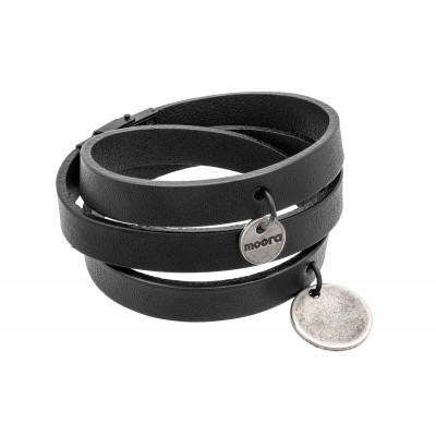 Black leather bracelet with matte steel charms