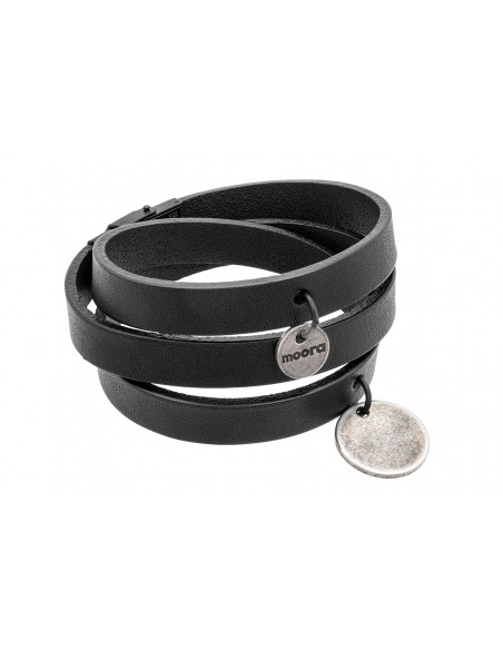 Black leather bracelet with matte steel charms