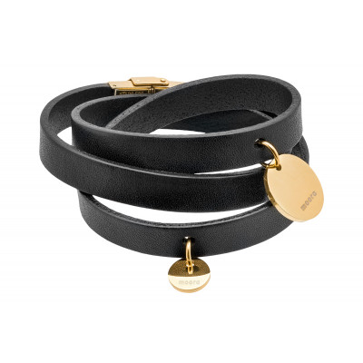 Black leather bracelet with decorative charms and gold clasp