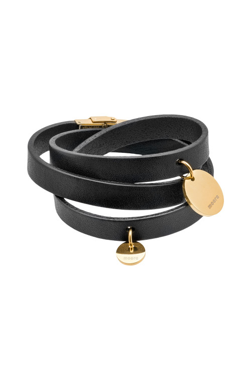 Black leather bracelet with decorative charms and gold clasp