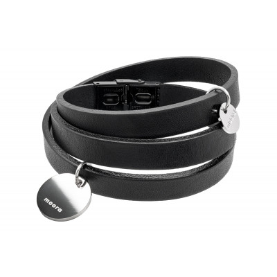 Black leather bracelet with stainless steel charms