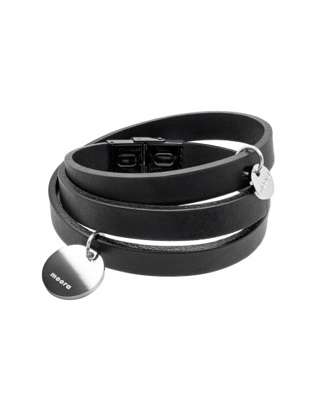 Black leather bracelet with stainless steel charms