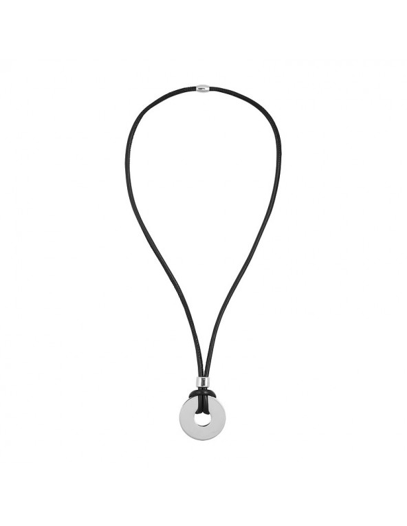 Black leather necklace with shiny stainless steel circular pendant