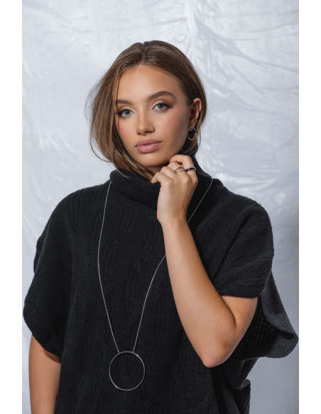 Long Circle stainless steel necklace in steel tone with a modern geometric design.