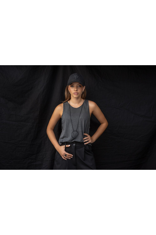 Long Circle necklace made of black matte stainless steel with a geometric design.