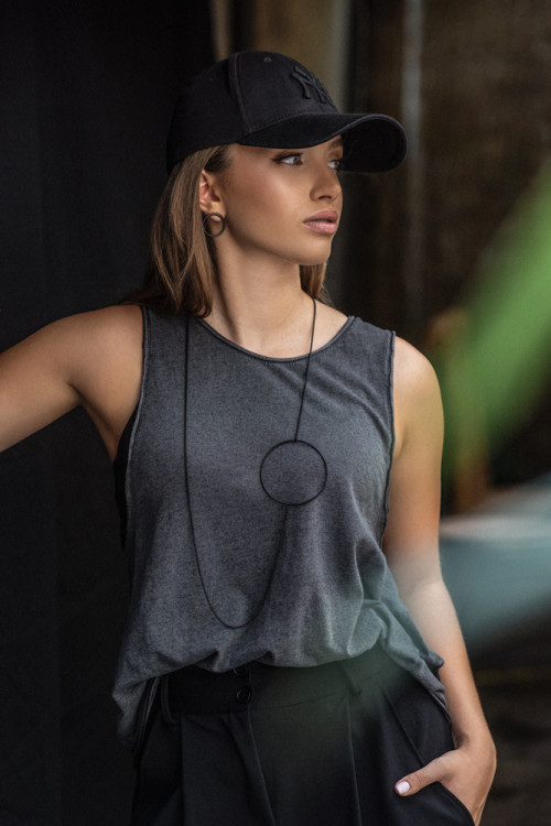 Long Circle necklace made of black matte stainless steel with a geometric design.