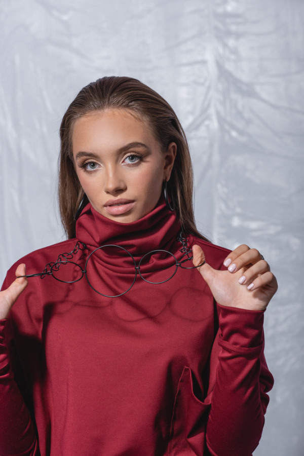 Black matte long Circle stainless steel necklace with multi-sized circular elements. 2